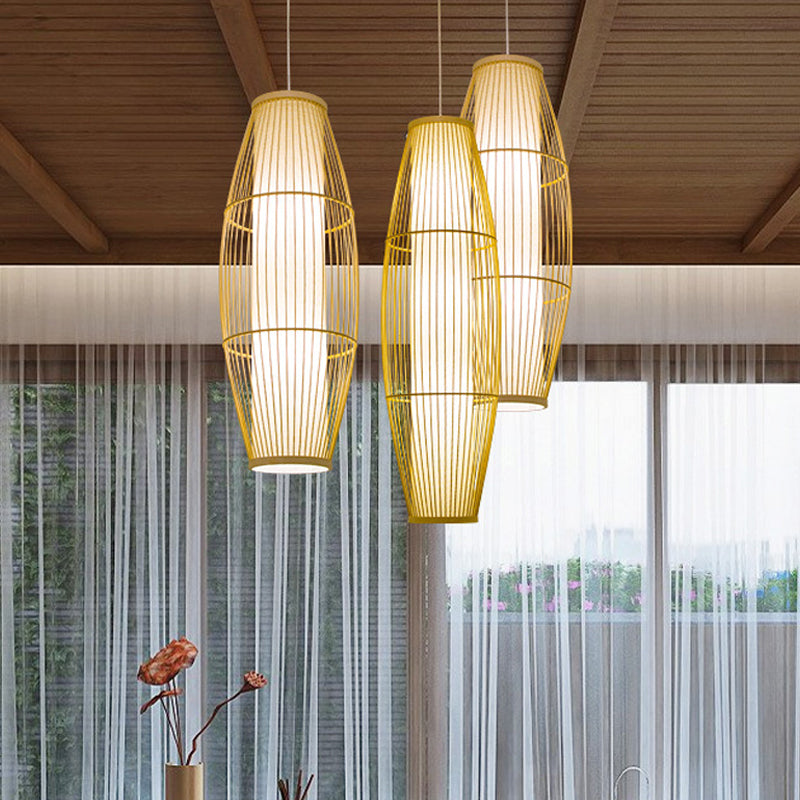 Beige Elongated Oval/Barrel Drop Pendant Asian 1-Light Bamboo Ceiling Hanging Lantern, 16"/19.5"/31.5" Height Clearhalo 'Ceiling Lights' 'Modern Pendants' 'Modern' 'Pendant Lights' 'Pendants' Lighting' 1960282