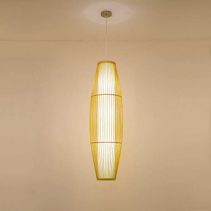 Beige Elongated Oval/Barrel Drop Pendant Asian 1-Light Bamboo Ceiling Hanging Lantern, 16"/19.5"/31.5" Height Clearhalo 'Ceiling Lights' 'Modern Pendants' 'Modern' 'Pendant Lights' 'Pendants' Lighting' 1960283