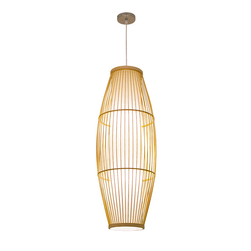 Beige Elongated Oval/Barrel Drop Pendant Asian 1-Light Bamboo Ceiling Hanging Lantern, 16"/19.5"/31.5" Height Clearhalo 'Ceiling Lights' 'Modern Pendants' 'Modern' 'Pendant Lights' 'Pendants' Lighting' 1960284