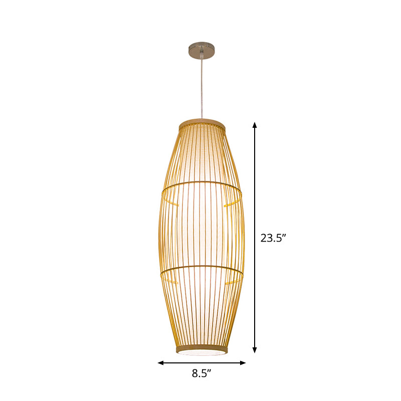 Beige Elongated Oval/Barrel Drop Pendant Asian 1-Light Bamboo Ceiling Hanging Lantern, 16"/19.5"/31.5" Height Clearhalo 'Ceiling Lights' 'Modern Pendants' 'Modern' 'Pendant Lights' 'Pendants' Lighting' 1960285