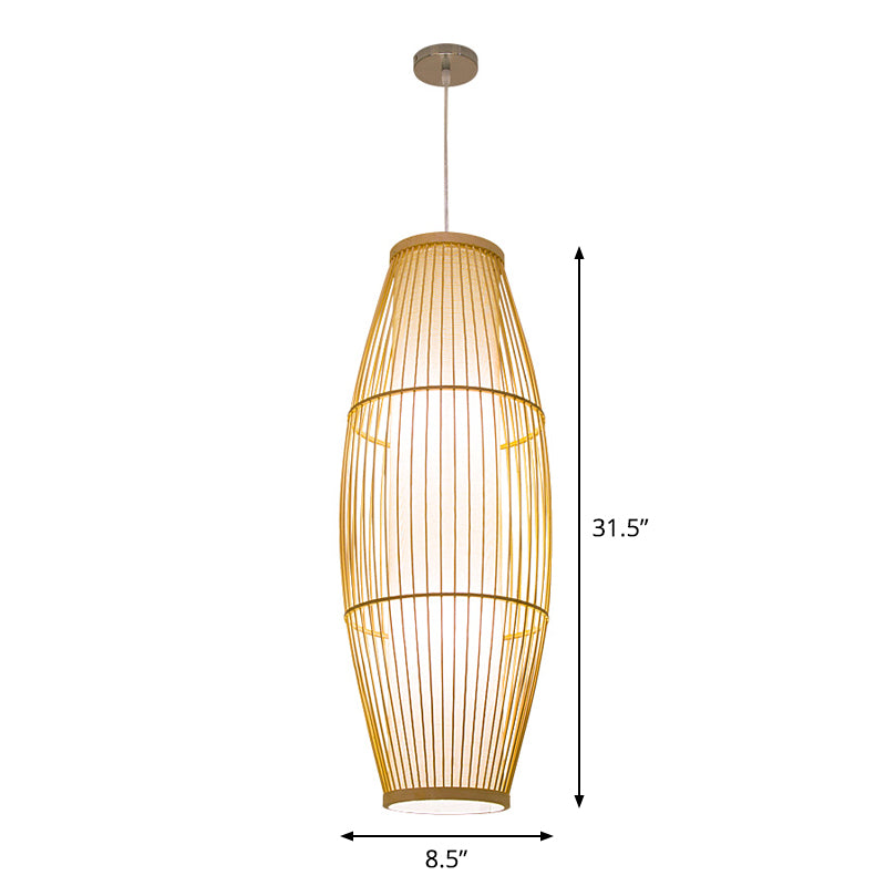 Beige Elongated Oval/Barrel Drop Pendant Asian 1-Light Bamboo Ceiling Hanging Lantern, 16"/19.5"/31.5" Height Clearhalo 'Ceiling Lights' 'Modern Pendants' 'Modern' 'Pendant Lights' 'Pendants' Lighting' 1960286