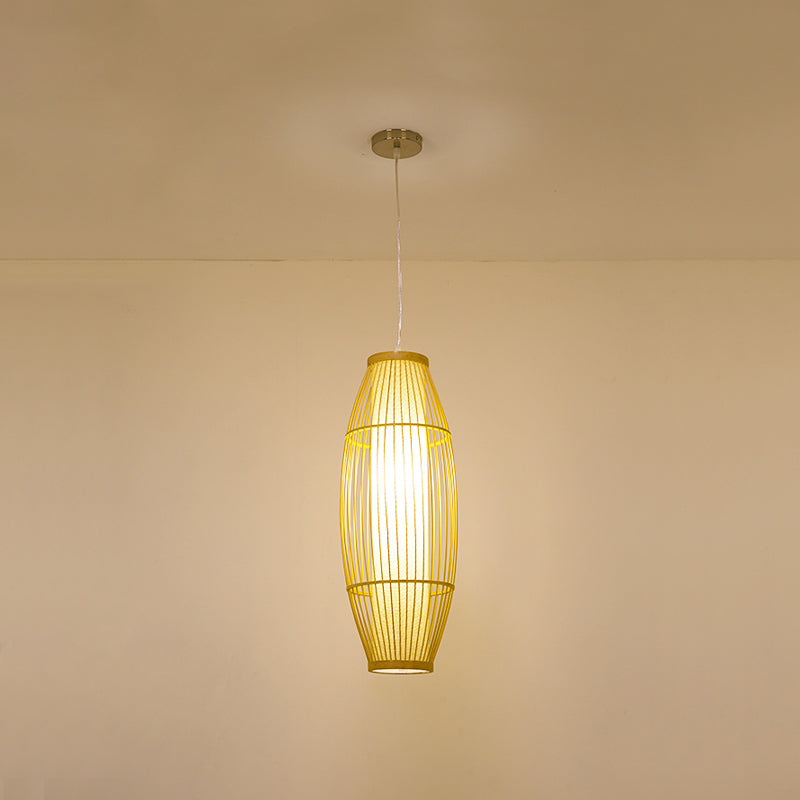 Beige Elongated Oval/Barrel Drop Pendant Asian 1-Light Bamboo Ceiling Hanging Lantern, 16"/19.5"/31.5" Height Beige B Clearhalo 'Ceiling Lights' 'Modern Pendants' 'Modern' 'Pendant Lights' 'Pendants' Lighting' 1960287