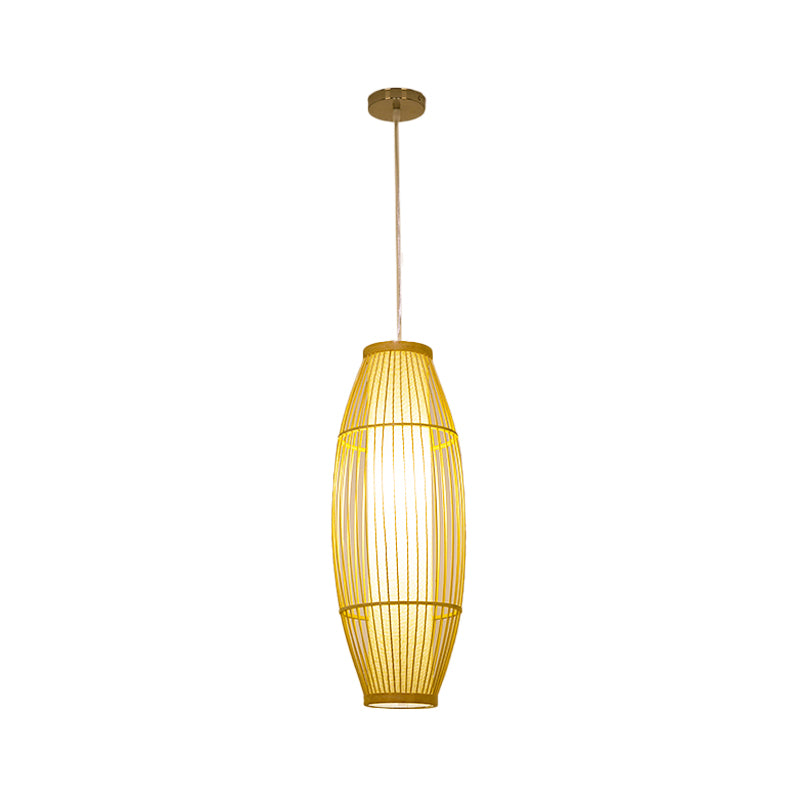 Beige Elongated Oval/Barrel Drop Pendant Asian 1-Light Bamboo Ceiling Hanging Lantern, 16"/19.5"/31.5" Height Clearhalo 'Ceiling Lights' 'Modern Pendants' 'Modern' 'Pendant Lights' 'Pendants' Lighting' 1960288