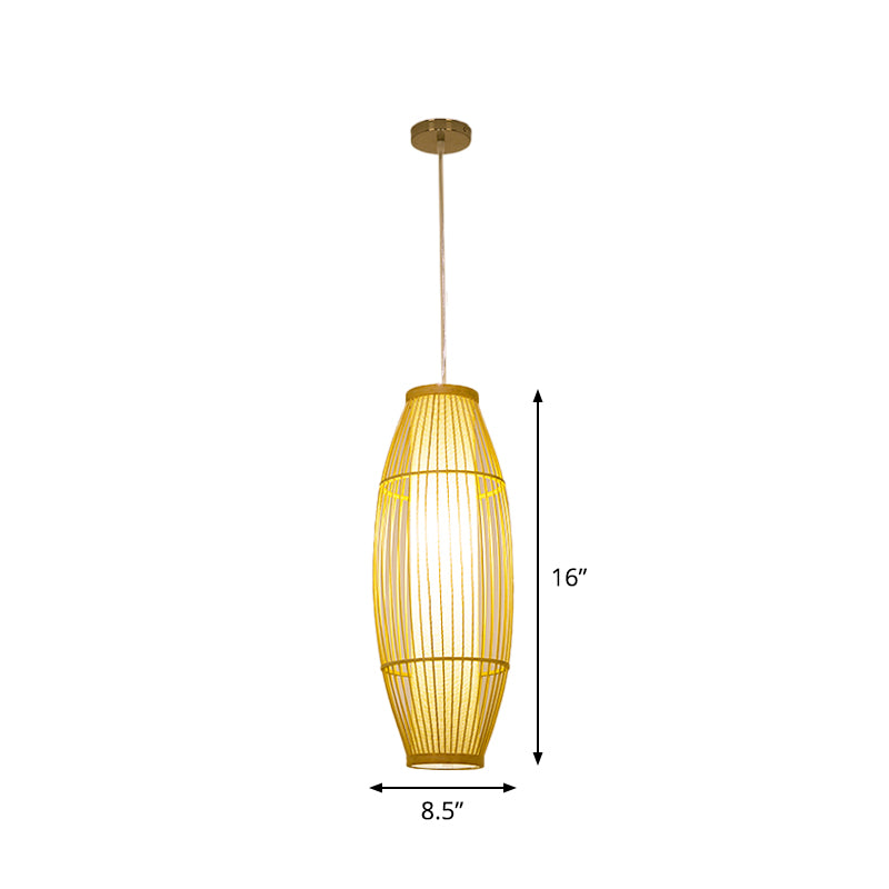Beige Elongated Oval/Barrel Drop Pendant Asian 1-Light Bamboo Ceiling Hanging Lantern, 16"/19.5"/31.5" Height Clearhalo 'Ceiling Lights' 'Modern Pendants' 'Modern' 'Pendant Lights' 'Pendants' Lighting' 1960289