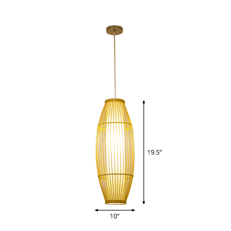 Beige Elongated Oval/Barrel Drop Pendant Asian 1-Light Bamboo Ceiling Hanging Lantern, 16"/19.5"/31.5" Height Clearhalo 'Ceiling Lights' 'Modern Pendants' 'Modern' 'Pendant Lights' 'Pendants' Lighting' 1960290