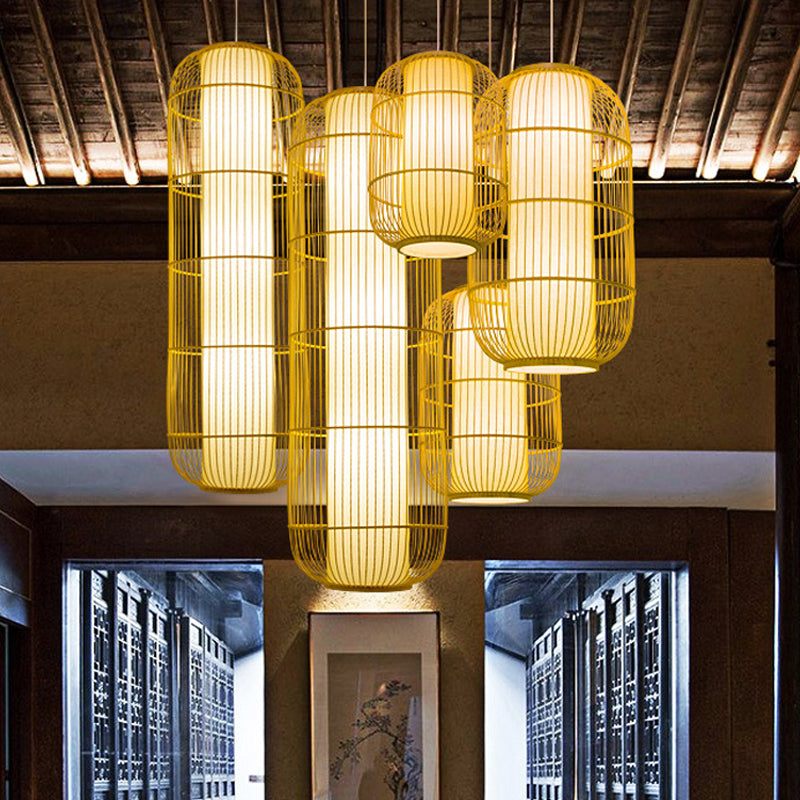 Beige Elongated Oval/Barrel Drop Pendant Asian 1-Light Bamboo Ceiling Hanging Lantern, 16"/19.5"/31.5" Height Beige 16" A Clearhalo 'Ceiling Lights' 'Modern Pendants' 'Modern' 'Pendant Lights' 'Pendants' Lighting' 1960291