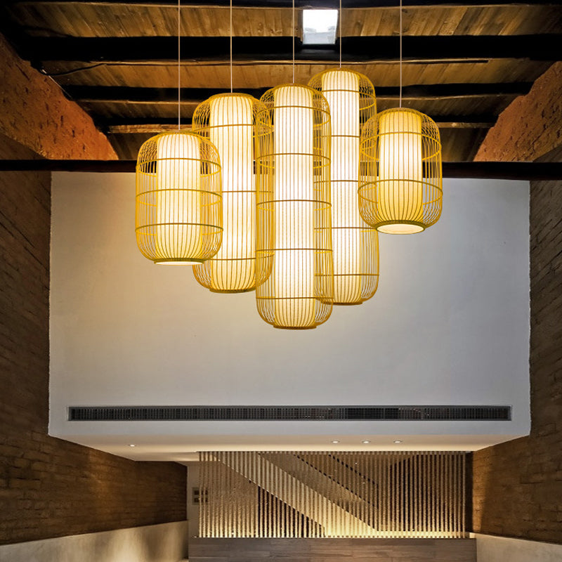 Beige Elongated Oval/Barrel Drop Pendant Asian 1-Light Bamboo Ceiling Hanging Lantern, 16"/19.5"/31.5" Height Clearhalo 'Ceiling Lights' 'Modern Pendants' 'Modern' 'Pendant Lights' 'Pendants' Lighting' 1960292