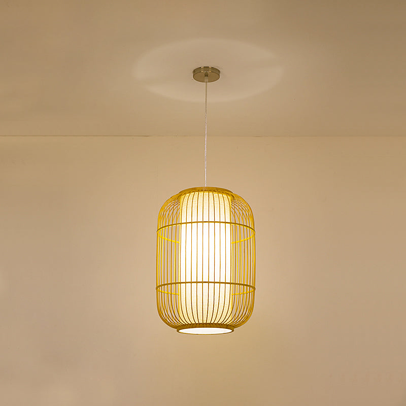 Beige Elongated Oval/Barrel Drop Pendant Asian 1-Light Bamboo Ceiling Hanging Lantern, 16"/19.5"/31.5" Height Clearhalo 'Ceiling Lights' 'Modern Pendants' 'Modern' 'Pendant Lights' 'Pendants' Lighting' 1960293