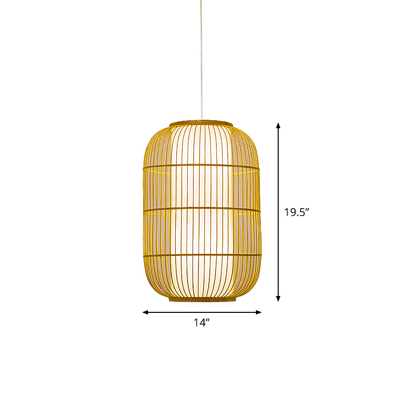 Beige Elongated Oval/Barrel Drop Pendant Asian 1-Light Bamboo Ceiling Hanging Lantern, 16"/19.5"/31.5" Height Clearhalo 'Ceiling Lights' 'Modern Pendants' 'Modern' 'Pendant Lights' 'Pendants' Lighting' 1960298