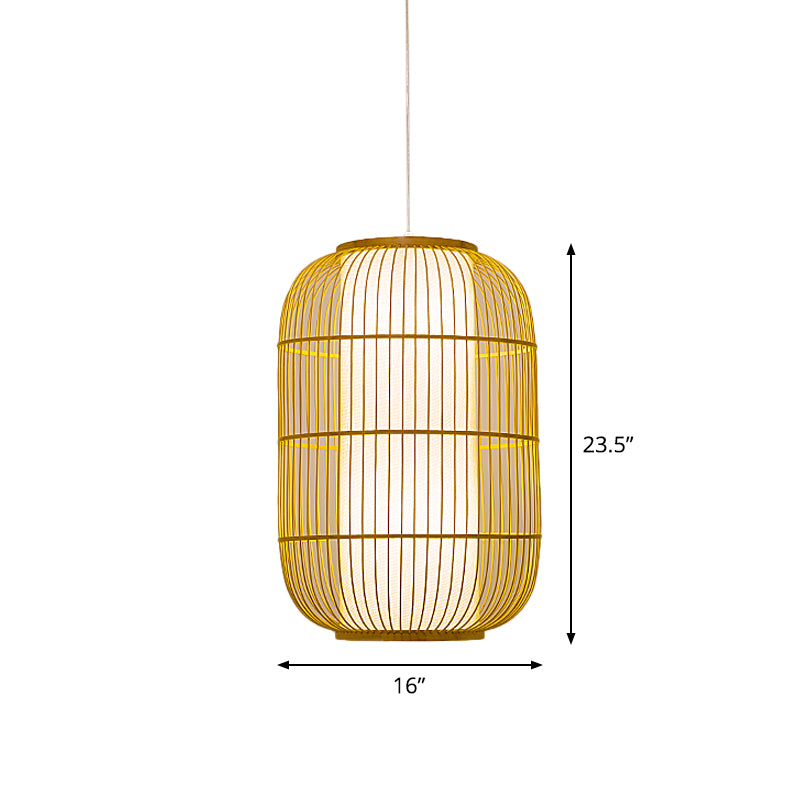 Beige Elongated Oval/Barrel Drop Pendant Asian 1-Light Bamboo Ceiling Hanging Lantern, 16"/19.5"/31.5" Height Clearhalo 'Ceiling Lights' 'Modern Pendants' 'Modern' 'Pendant Lights' 'Pendants' Lighting' 1960299
