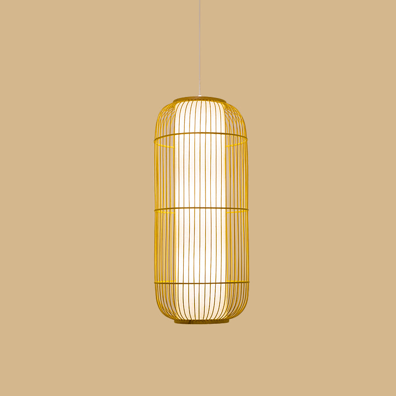 Beige Elongated Oval/Barrel Drop Pendant Asian 1-Light Bamboo Ceiling Hanging Lantern, 16"/19.5"/31.5" Height Clearhalo 'Ceiling Lights' 'Modern Pendants' 'Modern' 'Pendant Lights' 'Pendants' Lighting' 1960301