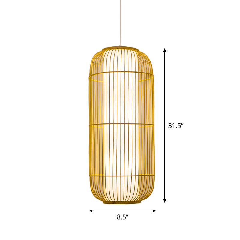 Beige Elongated Oval/Barrel Drop Pendant Asian 1-Light Bamboo Ceiling Hanging Lantern, 16"/19.5"/31.5" Height Clearhalo 'Ceiling Lights' 'Modern Pendants' 'Modern' 'Pendant Lights' 'Pendants' Lighting' 1960302