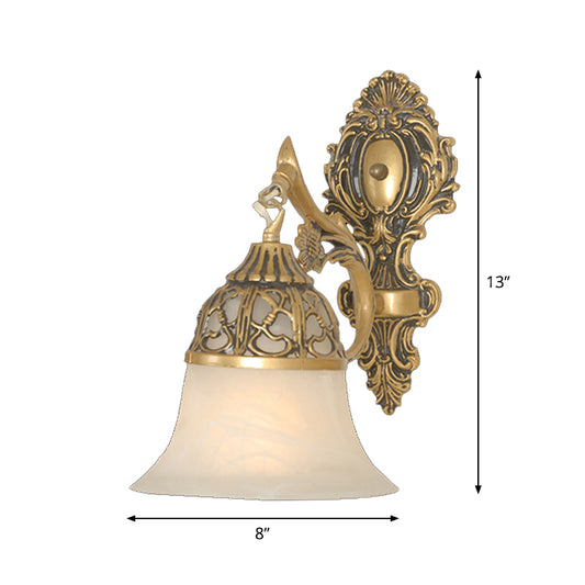 Bronze Flared Wall Mount Lamp Traditional Alabaster Glass 1-Head Living Room Wall Sconce Clearhalo 'Wall Lamps & Sconces' 'Wall Lights' Lighting' 1960337