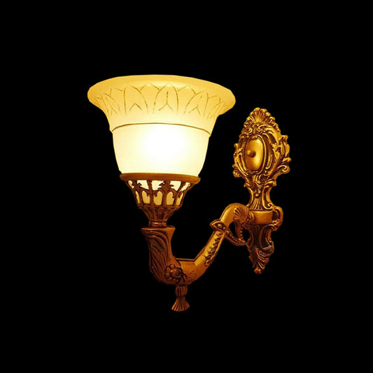 Traditional Bell Wall Mounted Light 1 Head Frosted Glass Sconce Lighting with Carved Arm in Brass Clearhalo 'Wall Lamps & Sconces' 'Wall Lights' Lighting' 1960357