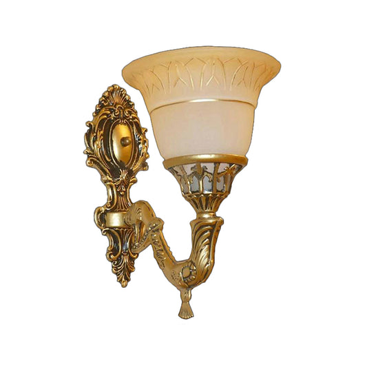 Traditional Bell Wall Mounted Light 1 Head Frosted Glass Sconce Lighting with Carved Arm in Brass Clearhalo 'Wall Lamps & Sconces' 'Wall Lights' Lighting' 1960358