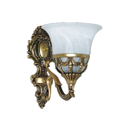 Alabaster Glass Bronze Wall Lamp Trumpet 1 Light Antique Style Wall Sconce Light Fixture Clearhalo 'Wall Lamps & Sconces' 'Wall Lights' Lighting' 1960361