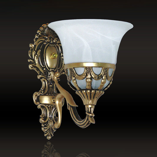 Alabaster Glass Bronze Wall Lamp Trumpet 1 Light Antique Style Wall Sconce Light Fixture Clearhalo 'Wall Lamps & Sconces' 'Wall Lights' Lighting' 1960362