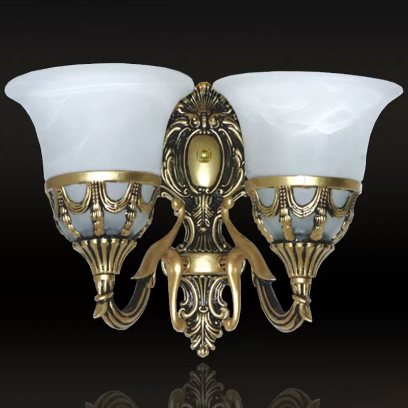 2-Light Wall Light Fixture Traditional Corridor Wall Sconce with Bell Alabaster Glass Shade in Bronze Bronze Clearhalo 'Wall Lamps & Sconces' 'Wall Lights' Lighting' 1960371