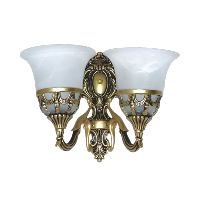 2-Light Wall Light Fixture Traditional Corridor Wall Sconce with Bell Alabaster Glass Shade in Bronze Clearhalo 'Wall Lamps & Sconces' 'Wall Lights' Lighting' 1960372