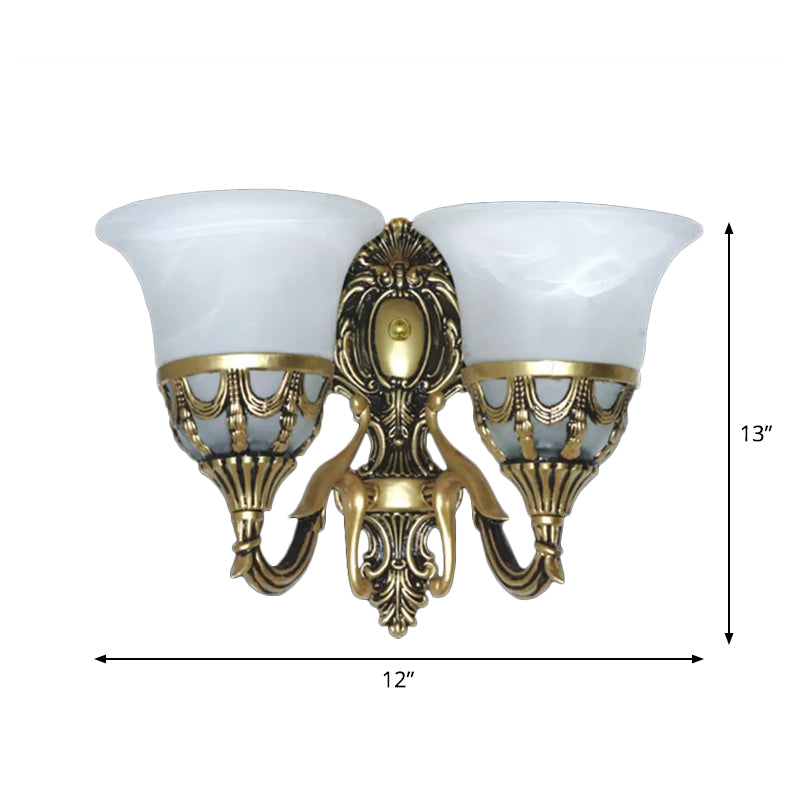 2-Light Wall Light Fixture Traditional Corridor Wall Sconce with Bell Alabaster Glass Shade in Bronze Clearhalo 'Wall Lamps & Sconces' 'Wall Lights' Lighting' 1960373