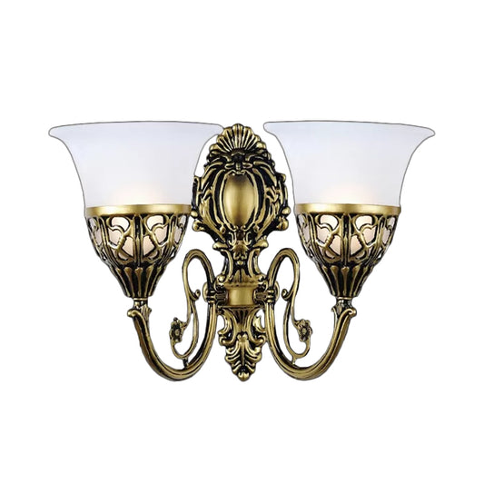 Bronze 2 Lights Wall Mount Lamp Vintage White Glass Bell Wall Sconce Lighting for Hallway Clearhalo 'Wall Lamps & Sconces' 'Wall Lights' Lighting' 1960375