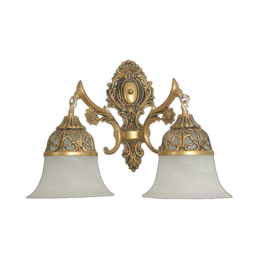 Antiqued Flared Sconce Light Fixture 2 Heads Opal Frosted Glass Wall Lamp in Bronze Clearhalo 'Wall Lamps & Sconces' 'Wall Lights' Lighting' 1960379