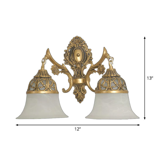 Antiqued Flared Sconce Light Fixture 2 Heads Opal Frosted Glass Wall Lamp in Bronze Clearhalo 'Wall Lamps & Sconces' 'Wall Lights' Lighting' 1960380