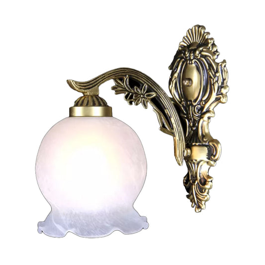 Ball Frosted White Glass Sconce Light Antique 1 Bulb Bedroom Wall Lamp with Ruffled Trim in Bronze Clearhalo 'Wall Lamps & Sconces' 'Wall Lights' Lighting' 1960382