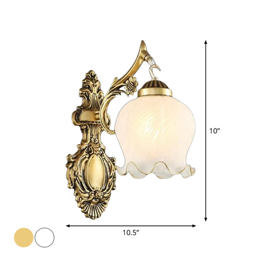 Frosted Glass White/Bronze Wall Sconce Lettuce-Trim Shade 1 Head Traditional Wall Light Fixture Clearhalo 'Wall Lamps & Sconces' 'Wall Lights' Lighting' 1960386
