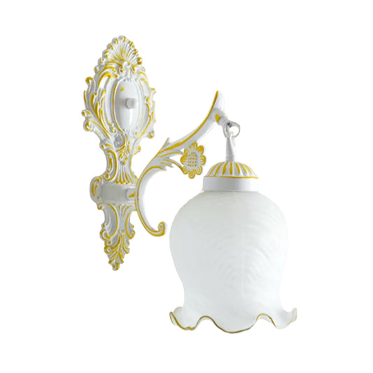 Frosted Glass White/Bronze Wall Sconce Lettuce-Trim Shade 1 Head Traditional Wall Light Fixture Clearhalo 'Wall Lamps & Sconces' 'Wall Lights' Lighting' 1960388