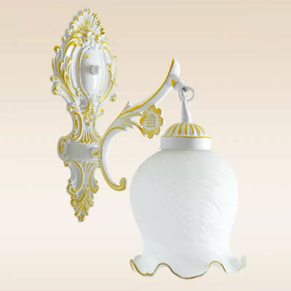 Dome Ivory Glass Wall Mounted Lamp Rustic 1-Light Dining Room Sconce Light with Ruffled Trim in White/Bronze White Clearhalo 'Wall Lamps & Sconces' 'Wall Lights' Lighting' 1960397