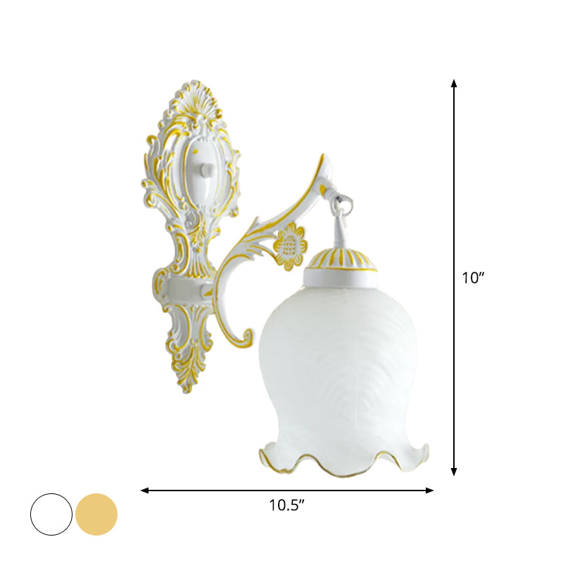 Dome Ivory Glass Wall Mounted Lamp Rustic 1-Light Dining Room Sconce Light with Ruffled Trim in White/Bronze Clearhalo 'Wall Lamps & Sconces' 'Wall Lights' Lighting' 1960399