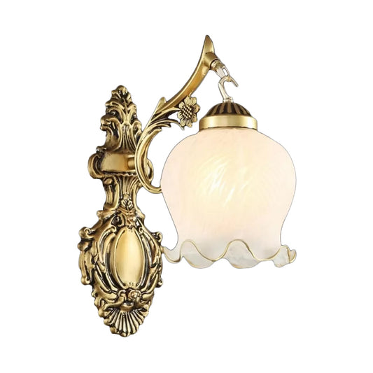 Dome Ivory Glass Wall Mounted Lamp Rustic 1-Light Dining Room Sconce Light with Ruffled Trim in White/Bronze Clearhalo 'Wall Lamps & Sconces' 'Wall Lights' Lighting' 1960401