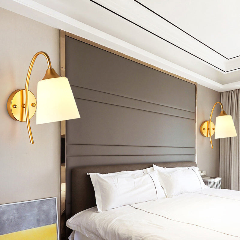 Cone/Tulip Living Room Wall Lamp Minimalist Ivory Glass 1-Light Gold Gooseneck Sconce Lighting Clearhalo 'Wall Lamps & Sconces' 'Wall Lights' Lighting' 1960433