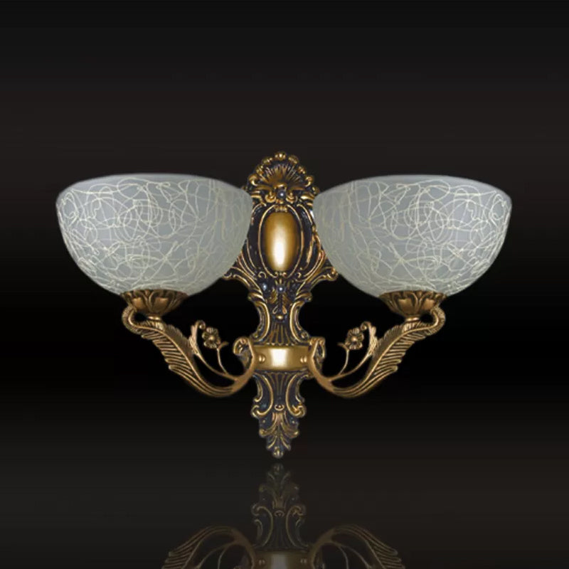 Bowl White Patterned Glass Sconce Lamp Rural 2 Bulbs Foyer Wall Mount Light in Bronze Bronze Clearhalo 'Wall Lamps & Sconces' 'Wall Lights' Lighting' 1960440
