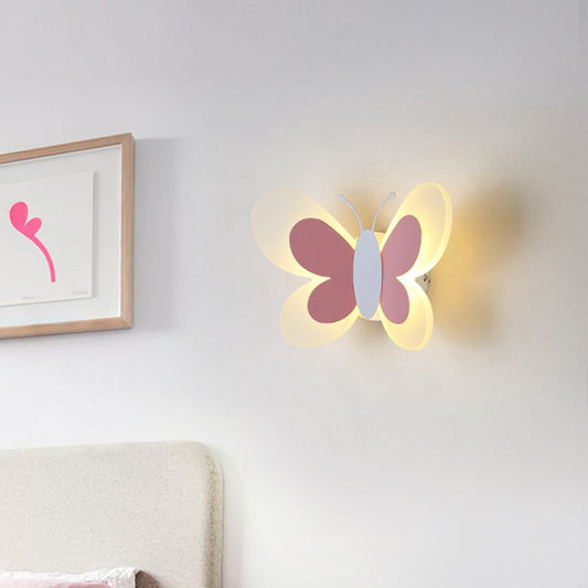 Butterfly LED Sconce Lamp Cartoon Acrylic Pink/White/Blue LED Wall Lighting Fixture in Warm/White Light for Kindergarten Pink Clearhalo 'Modern wall lights' 'Modern' 'Wall Lamps & Sconces' 'Wall Lights' Lighting' 1960749