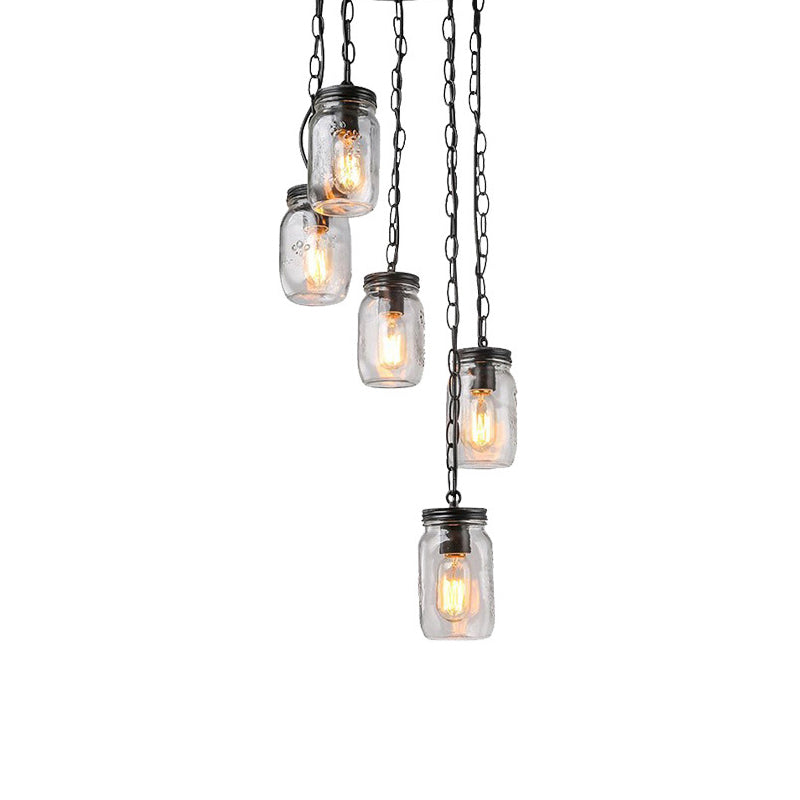 Black 5-Light Cluster Pendant Modern Clear Glass Jar Shade Hanging Light Fixture with Cord/Chain and Round Canopy Clearhalo 'Ceiling Lights' 'Close To Ceiling Lights' 'Glass shade' 'Glass' 'Pendant Lights' 'Pendants' Lighting' 196092