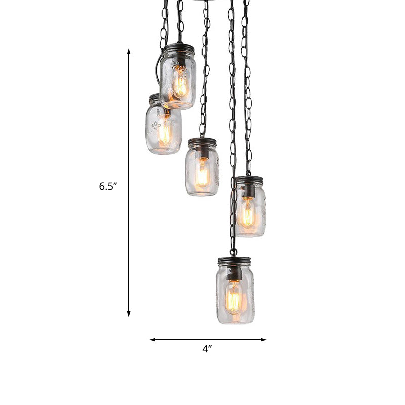Black 5-Light Cluster Pendant Modern Clear Glass Jar Shade Hanging Light Fixture with Cord/Chain and Round Canopy Clearhalo 'Ceiling Lights' 'Close To Ceiling Lights' 'Glass shade' 'Glass' 'Pendant Lights' 'Pendants' Lighting' 196093
