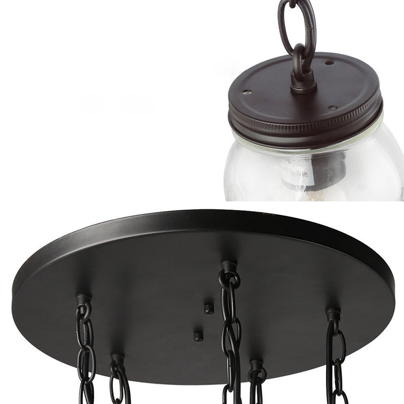 Black 5-Light Cluster Pendant Modern Clear Glass Jar Shade Hanging Light Fixture with Cord/Chain and Round Canopy Clearhalo 'Ceiling Lights' 'Close To Ceiling Lights' 'Glass shade' 'Glass' 'Pendant Lights' 'Pendants' Lighting' 196094