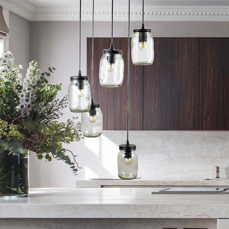 Black 5-Light Cluster Pendant Modern Clear Glass Jar Shade Hanging Light Fixture with Cord/Chain and Round Canopy Black Cord Clearhalo 'Ceiling Lights' 'Close To Ceiling Lights' 'Glass shade' 'Glass' 'Pendant Lights' 'Pendants' Lighting' 196095