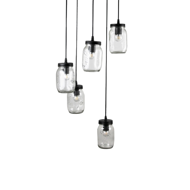 Black 5-Light Cluster Pendant Modern Clear Glass Jar Shade Hanging Light Fixture with Cord/Chain and Round Canopy Clearhalo 'Ceiling Lights' 'Close To Ceiling Lights' 'Glass shade' 'Glass' 'Pendant Lights' 'Pendants' Lighting' 196097