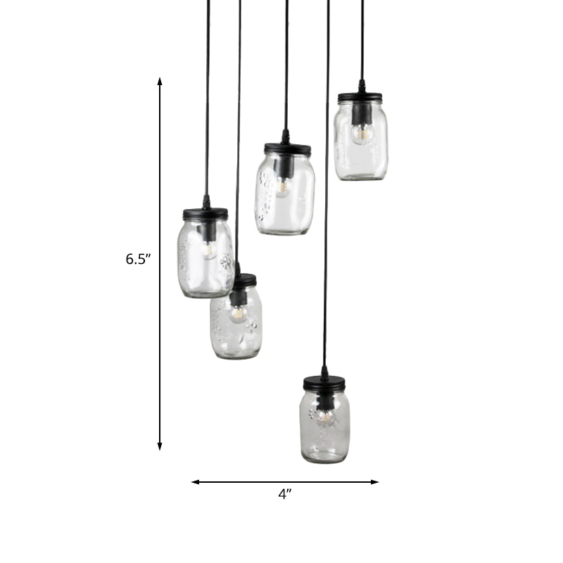 Black 5-Light Cluster Pendant Modern Clear Glass Jar Shade Hanging Light Fixture with Cord/Chain and Round Canopy Clearhalo 'Ceiling Lights' 'Close To Ceiling Lights' 'Glass shade' 'Glass' 'Pendant Lights' 'Pendants' Lighting' 196098