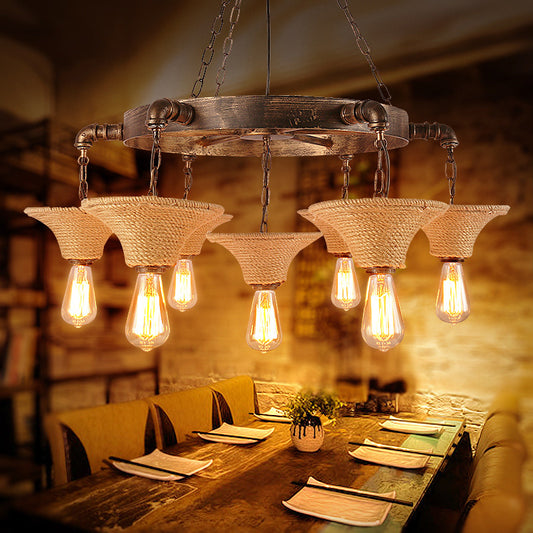 Cone Shade Ceiling Lamp Rope 7/9 Bulb Rustic Dining Room Chandeliers Pendant Light in Antique Bronze 7 Antique Bronze Clearhalo 'Cast Iron' 'Ceiling Lights' 'Chandeliers' 'Industrial Chandeliers' 'Industrial' 'Metal' 'Middle Century Chandeliers' 'Rustic Chandeliers' 'Tiffany' Lighting' 196109
