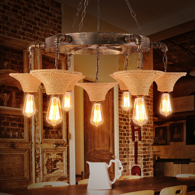 Cone Shade Ceiling Lamp Rope 7/9 Bulb Rustic Dining Room Chandeliers Pendant Light in Antique Bronze Clearhalo 'Cast Iron' 'Ceiling Lights' 'Chandeliers' 'Industrial Chandeliers' 'Industrial' 'Metal' 'Middle Century Chandeliers' 'Rustic Chandeliers' 'Tiffany' Lighting' 196110