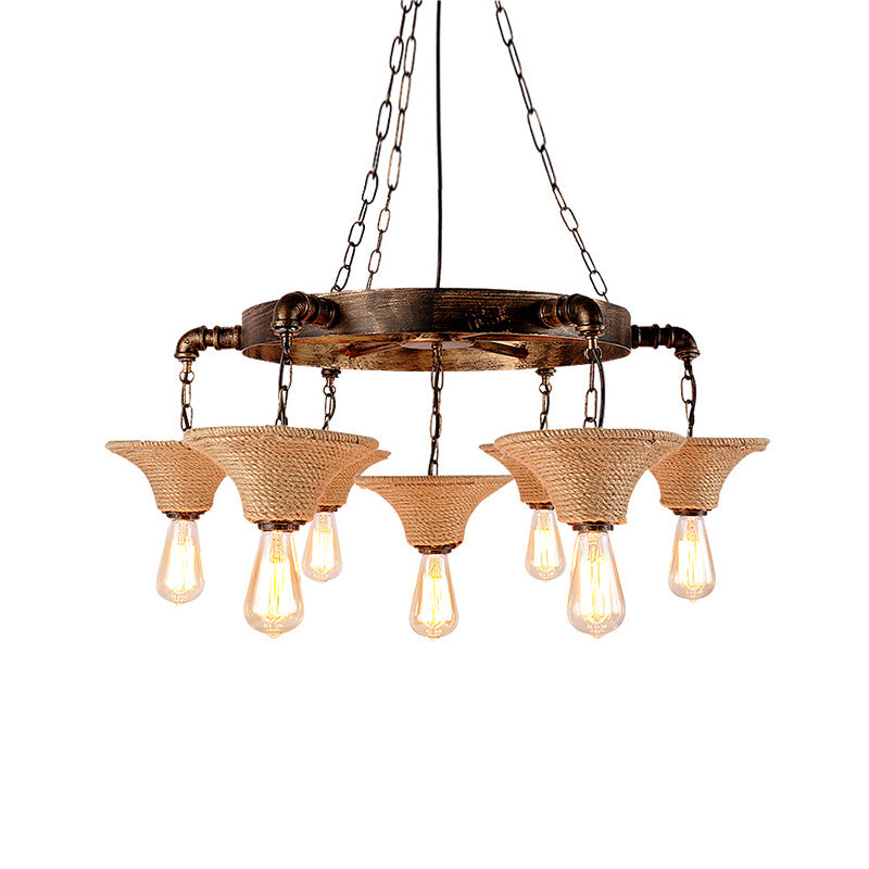 Cone Shade Ceiling Lamp Rope 7/9 Bulb Rustic Dining Room Chandeliers Pendant Light in Antique Bronze Clearhalo 'Cast Iron' 'Ceiling Lights' 'Chandeliers' 'Industrial Chandeliers' 'Industrial' 'Metal' 'Middle Century Chandeliers' 'Rustic Chandeliers' 'Tiffany' Lighting' 196111
