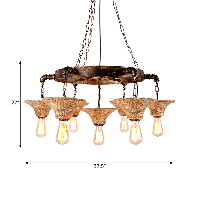 Cone Shade Ceiling Lamp Rope 7/9 Bulb Rustic Dining Room Chandeliers Pendant Light in Antique Bronze Clearhalo 'Cast Iron' 'Ceiling Lights' 'Chandeliers' 'Industrial Chandeliers' 'Industrial' 'Metal' 'Middle Century Chandeliers' 'Rustic Chandeliers' 'Tiffany' Lighting' 196112