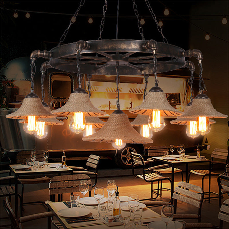 Cone Shade Ceiling Lamp Rope 7/9 Bulb Rustic Dining Room Chandeliers Pendant Light in Antique Bronze 9 Antique Bronze Clearhalo 'Cast Iron' 'Ceiling Lights' 'Chandeliers' 'Industrial Chandeliers' 'Industrial' 'Metal' 'Middle Century Chandeliers' 'Rustic Chandeliers' 'Tiffany' Lighting' 196113