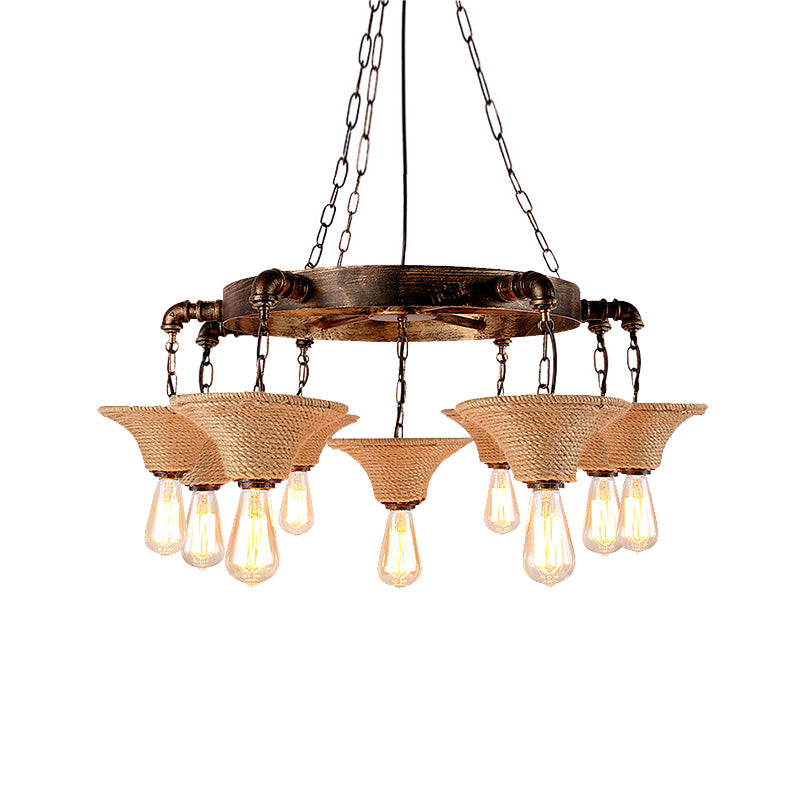 Cone Shade Ceiling Lamp Rope 7/9 Bulb Rustic Dining Room Chandeliers Pendant Light in Antique Bronze Clearhalo 'Cast Iron' 'Ceiling Lights' 'Chandeliers' 'Industrial Chandeliers' 'Industrial' 'Metal' 'Middle Century Chandeliers' 'Rustic Chandeliers' 'Tiffany' Lighting' 196114