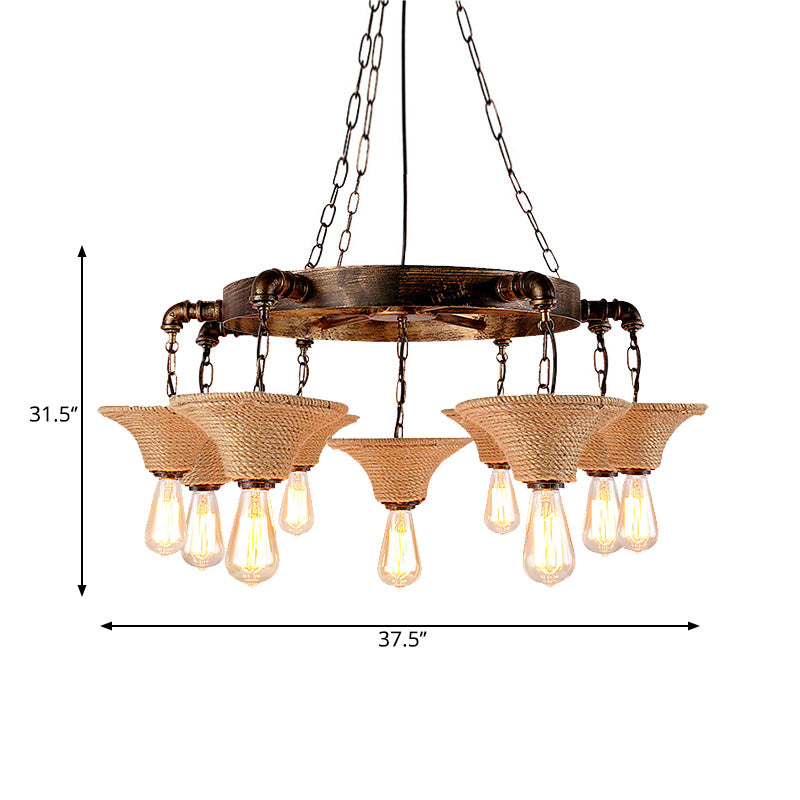 Cone Shade Ceiling Lamp Rope 7/9 Bulb Rustic Dining Room Chandeliers Pendant Light in Antique Bronze Clearhalo 'Cast Iron' 'Ceiling Lights' 'Chandeliers' 'Industrial Chandeliers' 'Industrial' 'Metal' 'Middle Century Chandeliers' 'Rustic Chandeliers' 'Tiffany' Lighting' 196115