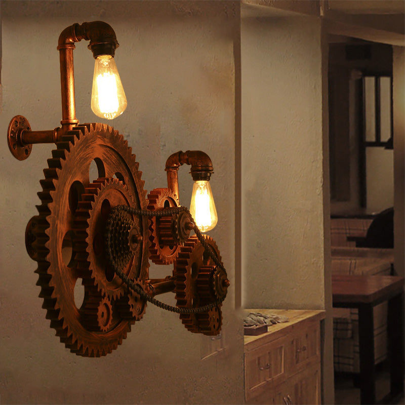 Weathered Copper Exposed Wall Lighting Vintage Metal 2 Lights Indoor Sconce Lamp with Gear Clearhalo 'Art deco wall lights' 'Cast Iron' 'Glass' 'Industrial wall lights' 'Industrial' 'Middle century wall lights' 'Modern' 'Rustic wall lights' 'Tiffany' 'Traditional wall lights' 'Wall Lamps & Sconces' 'Wall Lights' Lighting' 196130